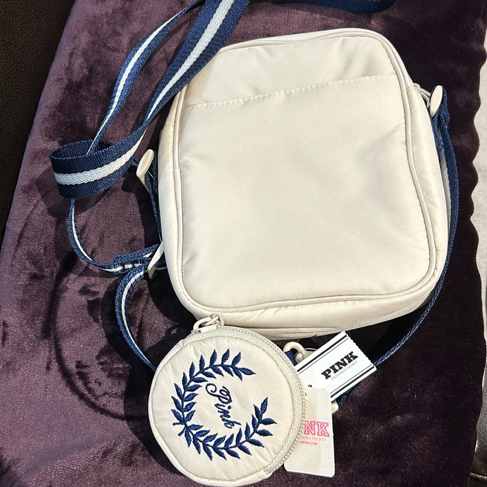 PINK crossbody bag with coin purse. Cream and Navy.